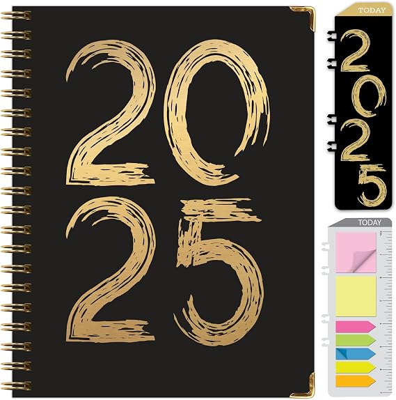 HARDCOVER 2025 Planner, 8.5"x11": 14 Months (November 2024 - December 2025), Daily Weekly Monthly Planner, Yearly Agenda, Bookmark, Pocket Folder and Sticky Note Set (Black Gold Numbers (FOIL))
