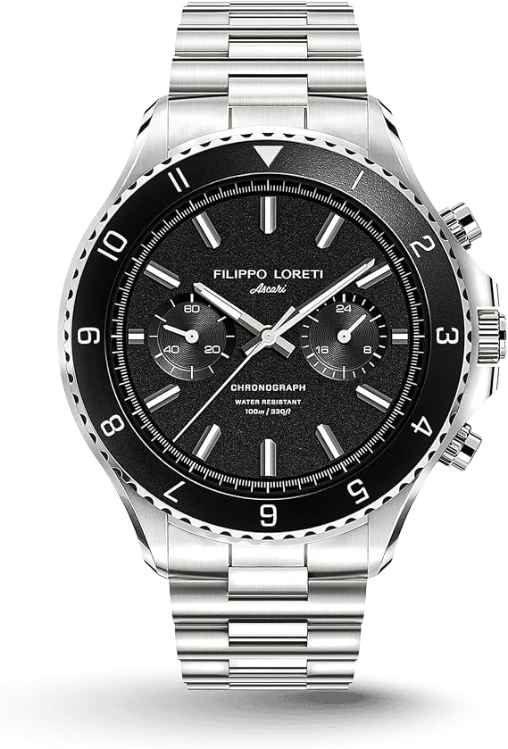 EwatchFactory Ascari Black Steel Link with Unidirectional Turning Bezel, Stainless Steel Link Bracelet, Chronograph Hand, Luminous Hands (Model: 00543), Silver, Chronograph