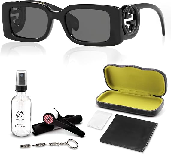 Gucci GG1325S GG Interlocking Logo Rectangular -Shaped Non-Polarized Sunglasses for Women Includes Luxury Eyewear Kit Black Frame with Gray Lens