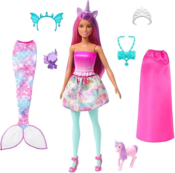 Barbie™ Dreamtopia Bebek ve Aksesuarlar Barbie Bebek ve evcil hayvanları, kıyafetli bebek, deniz kızı kuyruğu ve etek HLC28
