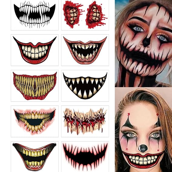 Halloween Temporary Horror Scary Mouth Tattoo Stickers Props Makeup Costume Accessories Face Kit Men or Women Adults Cosplay Party Masquerade