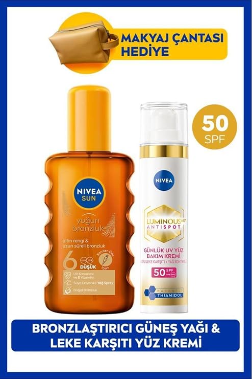 NIVEA Luminous630 Leke Karşıtı Gündüz Yüz Kremi SPF50 ve Bronzlaştırıcı Güneş Yağı Set, Makyaj Çantası Hediyeli
