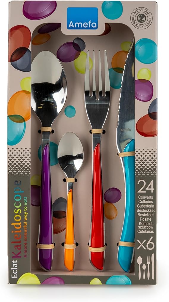 Amefa ECLAT Kaleidoscope 24 Piece Coloured Cutlery Set for 6 – Stainless Steel Knives Forks Spoons – Multi-Colour Handles – Dishwasher Safe