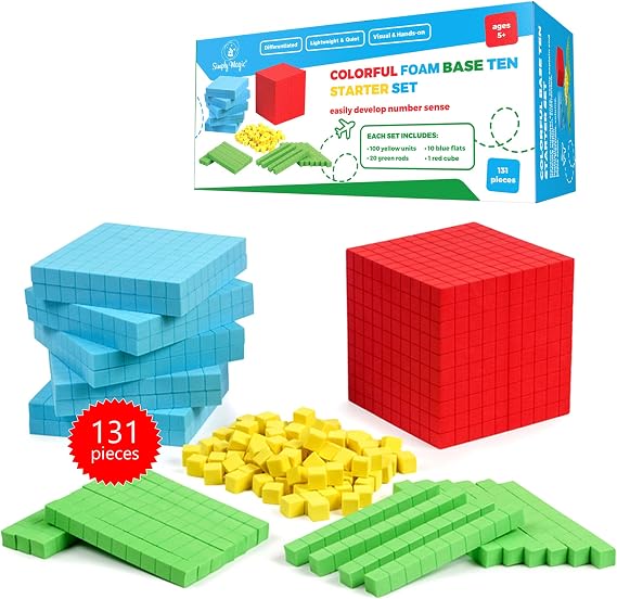 Simply Magic 131 PCS Foam Base Ten Blocks for Math - Place Value Blocks | Base 10 Math Manipulatives K-3, Math Counters, Number Blocks, Math Cubes, Counting Blocks - Kindergarten 1st 2nd 3rd Grade