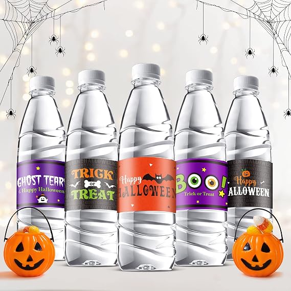39 Pieces Halloween Water Bottle Labels Waterproof Water Bottle Sticker Wrappers Pumpkin Wrap Around Labels Trick Bottle Stickers Party Supplies for Halloween Party Ornaments