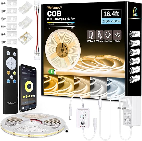 Wefomey COB LED Strip Light White, 5M Dimmable 2700K-6500K High Density 3100LEDs 24V Flexible LED Tape Light with Remote and APP Control, for Under Cabinet Bedroom Kitchen DIY Lighting [Energy Class E]