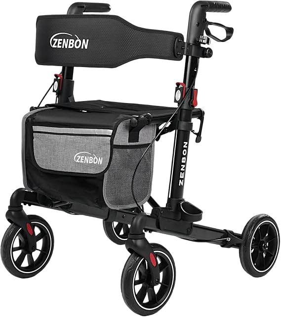 Rollator Walker for Seniors/Adults Foldable in Two Directions Rolling Walker with Seat 330 lbs Capacity 4 Big 8 inch Wheels Hand Grips Adjustable Height Lightweight Aluminum Walker 7204(Black)