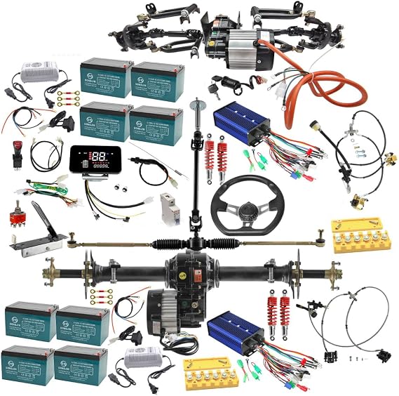 DIY Go Kart, Trike, ATV, Electric Car, Golf Cart 4WD Axle Assembly Kit Front Rear Drive Axle Set with 48V 1000W Brushless Motors, Controller, Suspension Swingarm, Brakes, Batteries