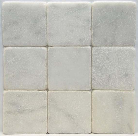Tenedos Carrara Marble Italian White Bianco Carrera 4x4 Tumbled Tile Natural Stone Square Marble Tile for Bathroom, Kitchen, Wall, Floor (9 Pieces Pack)