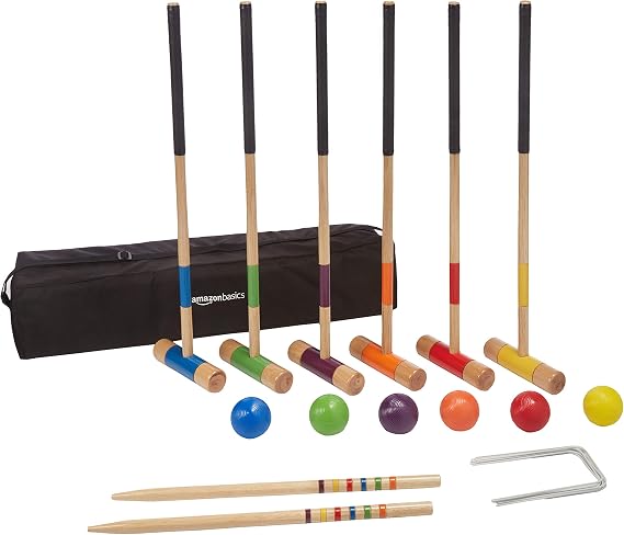 Amazon Basics Six Player Croquet Set with Wooden Mallets and Carry Case, Portable Party Game, Black