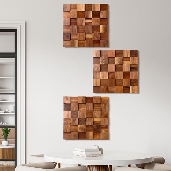 RattanView 3 Pcs 3D Rustic Wood Wall Art Mosaic Block Panel 11.8"x11.8"