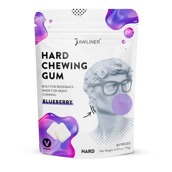 Jawliner Hard Jawline Gum for Facial Fitness - Jaw Exerciser for Sculpted Masseter Muscle with 6-10 Stronger Resistance - Sugar-Free Vegan Workout Gum - Blueberry Flavor, 40 Pieces