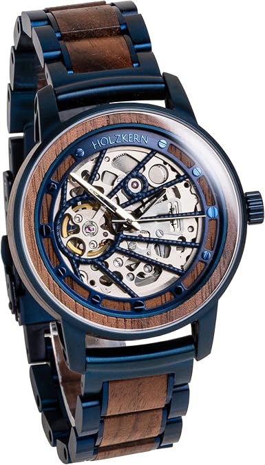 HOLZKERN Cobalt Mens Watch 42mm Silver Stainless Steel Skeleton Dial, Walnut Wood Strap, Automatic Movement