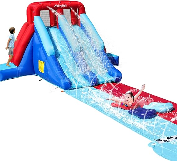 AirMyFun Inflatable Water Slide with Long PVC Sliding Runway, Water Park for Kids with Dual Racing Slides and 2 Inflatable Surfboards, 450W External Blower Included, Summer Backyard Party Toy