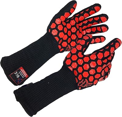 J H Heat Resistant Oven Glove:EN407 Certified 932 F, 2 Layers Silicone Coating, Oven Mitts for Cooking, Kitchen, Fireplace,Camping, Grilling BlackRed, Extra Long Cuff