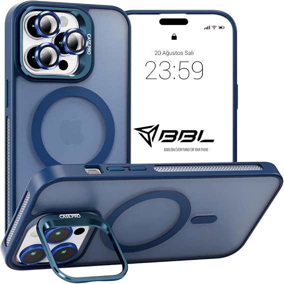 Babilden iPhone 13 Pro Max İçin Kılıf Kamera Korumalı Magsafe İle Uyumlu Kablosuz Şarj Özellikli Mat Şeffaf Renkli Standlı Lens Hediyeli Telefon Kılıfı (Lacivert)