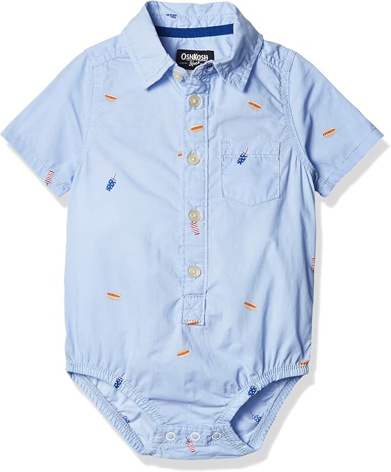 OshKosh B'Gosh Baby Boys' Short Sleeve Woven Bodysuit Button Down Shirt, Food Print, 24 Months