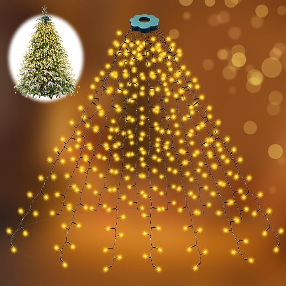 Christmas Tree Lights, 6.6FTx16 Lines 400 LEDs Outdoor Christmas Tree Lights with Ring,8 Modes,Timer Memory Function,IP65 Waterproof Waterfall Fairy String Lights for 150cm,180cm,210cm,240cm Fir Trees [Energy Class E]