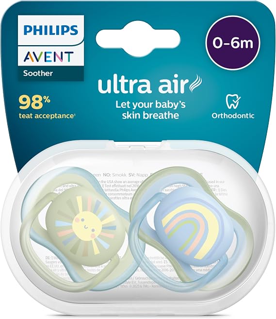 Philips Avent Ultra Air Emzik, Erkek Bebekler için 0-6 Ay, 2’li Paket, Ortodontik Silikon, Geniş Hava Delikli, Mikrodalga Sterilize Edilebilir, BPA İçermez, Taşıma Kutulu, SCF085/58