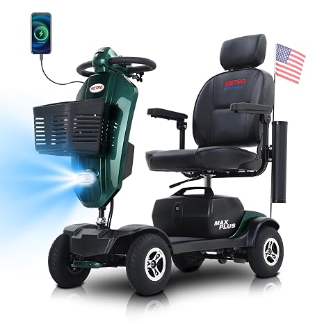 Metro Mobility Powered Mobility Scooters, 4 Wheel Mobility Scooters for Adults, 300 lbs Capacity Folding Mobility Scooter Lightweight, 16 Miles Long Travel Range Scooter with USB Charger Port Emerald