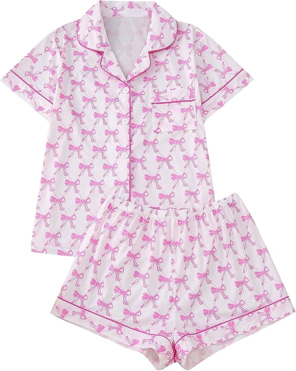 RoseSeek Women's Bow Pirnt Button Down Pajama Set Y2k Preppy Soft Sleepwear