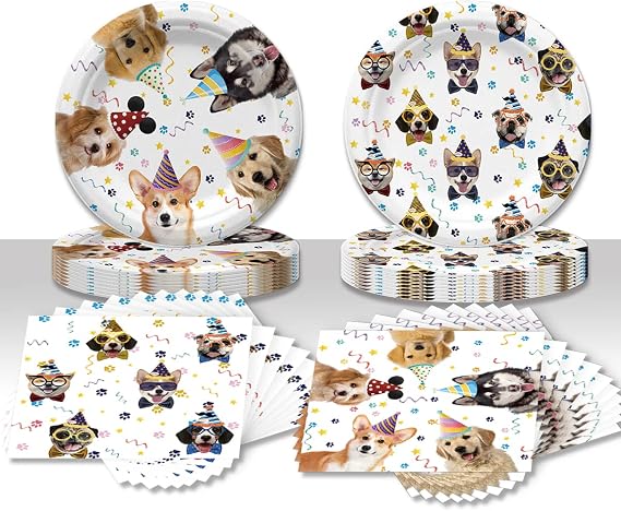 40PCS Dog Birthday Party Supplies Puppy Party Decorations Dog Party Plates and Napkins Disposable Party Tableware Set for Doggy Kids Dog Party Decor,Severs 20