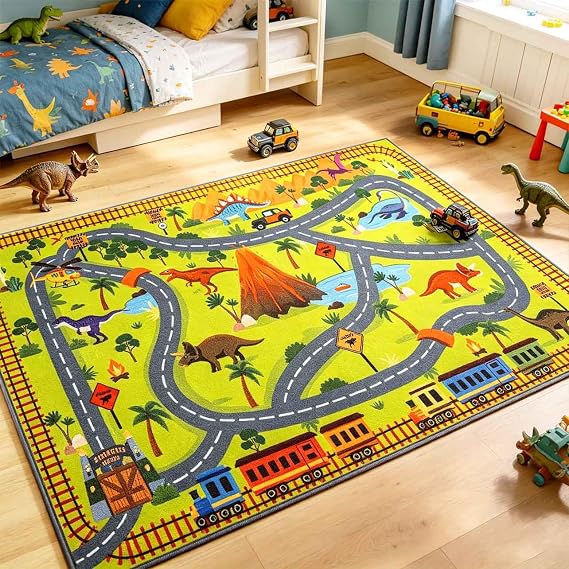 LIVEBOX Kids Dinosaur Car Rug 3x5, Play Rugs with Roads
