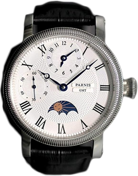 WhatsWatch Parnis Men's Hand Wind Mechanical Watch Two Times Moon Phase Seagull Movement St36-542