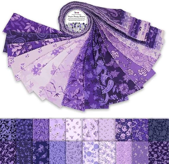 Jelly Roll 40 Strip Assorted Bundle, 2.5" Fabric Strips for Quilting, Crafting and Sewing, 100% Cotton Fabric Jelly Roll for Scrapbooking, Precut Quilt Projects, DIY Crafts - Purple Paisley Blooms
