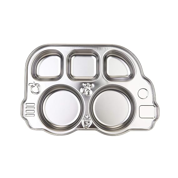 Innobaby Stainless Bus Plate, The Original, Rust Free, Safe Divided Platter, Mom Invented Fun Bus Shape Plate Din Din SMART for Babies, Toddlers and Kids, BPA Free