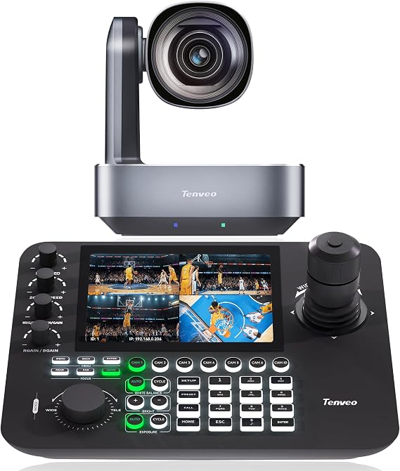 Tenveo 4K PTZ Camera and Controller Bundle/Kits - 12X 4K PTZ Camera HDMI/USB3.0/LAN(PoE), 7-Inch LCD Quad-Screen 4D Joystick NDI PTZ Controller Kit for Church Services Live Streaming