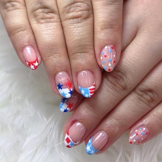 24Pcs 4th of July Press on Nails Short Round Independence Day Fake Nails with Designs French Tips Almond Glue on Nails Colorful Dots Star Patriotic False Nails Glossy Stick on Nails for Women Girls