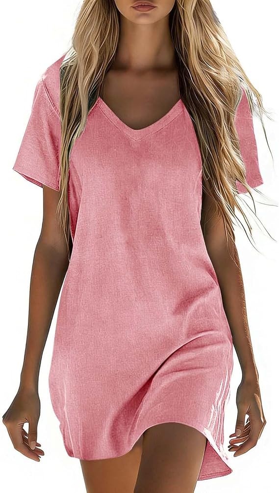 Summer Dresses for Women 2026 V-Neck Casual Sundresses T-Shirt Linen Mini Dress Vacation Outfits Short Sleeve Tees
