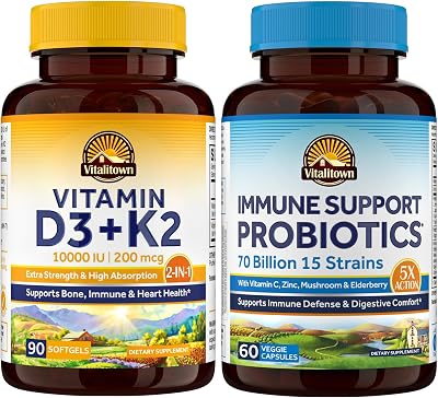 Vitalitown D3 K2 & Immune Probiotics 70B Bundle - Vitamin D3 K2 Supplement 10,000 IU & 200 mcg  Probiotics 70 Billion CFU, 15 Strains for Immune, Bone, and Digestive Support