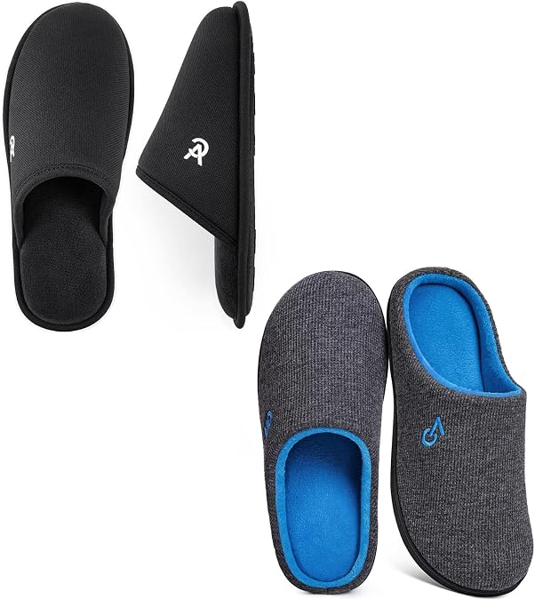 VeraCosy Men's Set of 2 Pairs - Two Tone Memory Foam Slippers (Size 11-12, Dark Gray/Blue) - Knitted Scottish Slippers (Size 11-12, Dark Black)