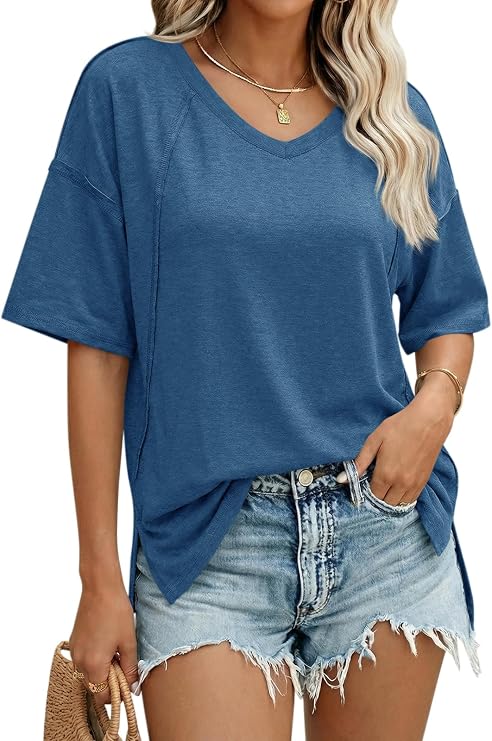Cicy Bell Womens Oversized T Shirts Short Sleeve Summer V Neck Tunic Tops