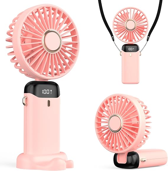 Taşınabilir USB Vantilatör, 4200mAh Şarjlı El Tipi Fan, LED Ekranlı, 3'ü 1 Arada El/Boyun/Masa Fanı, Yaz, Ofis, Seyahat için, Kadınlar, Kızlar ve Çocuklara Hediye (Pembe)