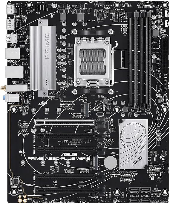 ASUS Prime A620-PLUS WIFI6 AMD A620 AM5 ATX Motherboard, DDR5, PCIe 4.0, Dual M.2 Slots, WiFi 6, DisplayPort/HDMITM, Rear & Front USB 5Gbps Type-C, SATA 6 Gbps, Two-Way AI Noise Cancelation, Aura Sync