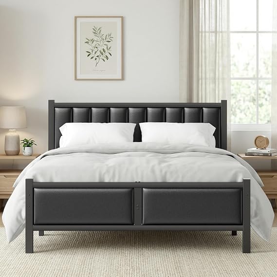 4ft6 Double Bed Frame, Heavy Duty Metal Slats Support, No Box Spring Needed | Upholstered Headboard, Noise Free, Easy Assembly, Under-Bed Storage