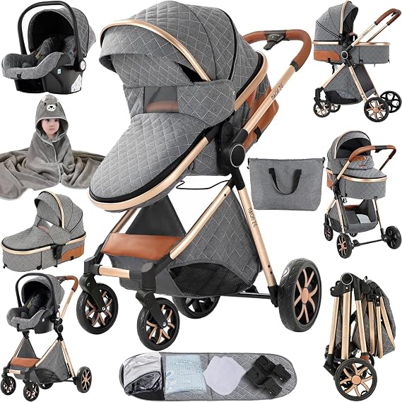 Magic ZC 3 in 1 Pushchair Pram Travel System, Baby Stroller 3 in 1 with Reversible Two Pushing Modes, Newborn Infant Buggy Aluminum Frame, Toddler Carriage One-Click Folding (V9 Grey)