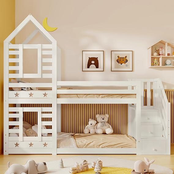 Miyemo Bunk Bed for Kids, 3ft Bunk Bed with Storage, Children's Cabin Single Bed with Window, Solid Pine Wood, 90 * 190cm, White, (No Mattress)