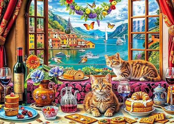 Jigsaw Puzzles for Adults 1000 Piece Puzzle for Adults 1000 Pieces Puzzle 1000 Pieces-Colorful Cats Beautiful Window View