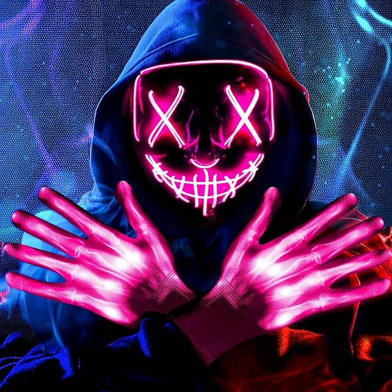 Halloween LED Light Up Mask Pink Scary Glow Mask Cosplay Costume Festival Carnival Party Supplies Gift | フルフェイスの光る効果、カーニバルフェスティバルコスプレパーティー、コスチューム小道具、大人、ティーン向けの理想的なパーティー用品ギフト。