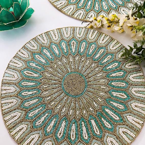 Enliven Luxury Handmade Bead placemat, Table Decoration, Beaded tablemat, Teal, Light Green and Gold | Set of 2