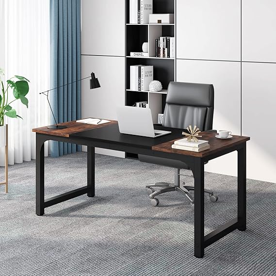 Tribesigns 63 Executive Desk, Large Office Computer Desk with Thicken Frame, Modern Simple Workstation Business Furniture for Home Office, Rustic Brown/Black