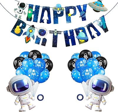 Astronaut Balloons Party Banner Set,Space Man Foil Mylar Balloon Latex Balloon Set for Outer Space Themed Birthday Party Decorations,Happy Birthday Party Supplies