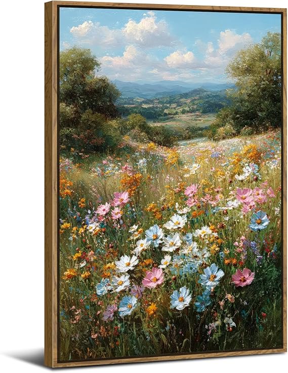 Colorful Daisy Framed Canvas Wall Art Farmhouse Decor Rustic Wildflower Paintings Prints Nature Green Forest Floral Field Wall Pictures Spring Village Scene Posters Artwork Bedroom Decorations 12x16"