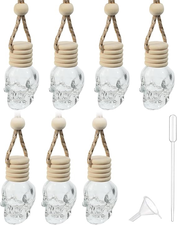 bylikeho 7PCS Car Diffuser Bottle,Automotive Use Car Diffuser Car Hanging Glass Bottle,Car Accessories Car Decor Car Hanging Diffuser,Skull Glass Bottle Hanging Diffuser Bottle for Cars