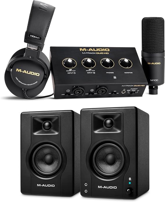 M-AUDIO BX3 Pair Bluetooth Studio Monitors Bundle with Dual XLR HD Audio Interface Pack for Studio Recording, Music Production, Podcasting, Streaming