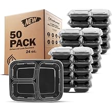 Freshware FR-324X50BK Meal Prep Containers 3-Compartment 24, Plastic Polyethylene, 24OZ,50PK